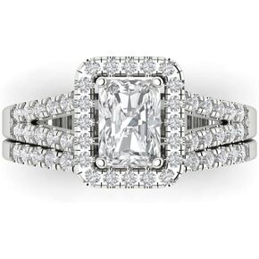 Clara Pucci 1.7 ct Emerald Cut Halo Solitaire Genuine White Sapphire Designer Art Deco Statement Wedding Ring Band Set 18K White Gold