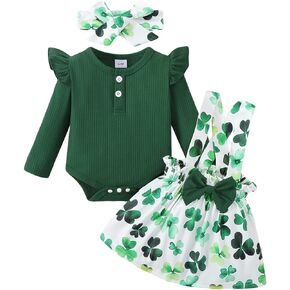 St. Patrick's Day Baby Girl Outfit Long Sleeve Sweater Romper Lucky Clover Skirt Headband Infant Girl Spring Clothes