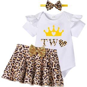 ملابس عيد الميلاد الثاني للفتيات الصغيرات الرضع بأكمام مكشكشة وتنورة زهرية بطبعة الفهد مع عصابة رأس in Kuwait