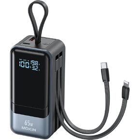 بنك طاقة MOKiN بقدرة 65 وات، كابلات USB C وiOS مدمجة، حزمة بطارية محمولة 4 مخارج PD3.0 للشحن السريع مع شاشة رقمية ذكية، شاحن USB C لأجهزة MacBook Pro/Air، iPhone 15/14/13 Series، iPad، Samsung in Kuwait