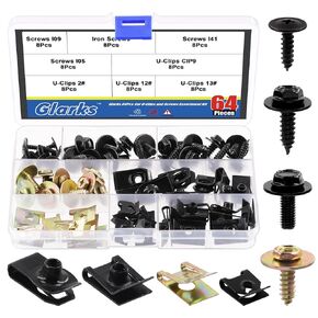 Glarks 64Pcs U-Clips and Body Bolts Screws Assortment Kit 8 Sizes Auto Car Clips Fasteners with Screws Auto Car U Nuts with Self Tapping Screw Body Bolts Screw for Bumper Fender Trim Panels
