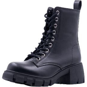 Women's Lace Up Combat Platform Ankle Boots With Thick Sole, Side Zipper Shoes Mid Calf Booties for Lady