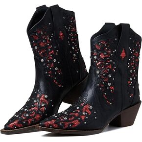 mikarka Inlay Glitter Mid Calf Cowboy Boots for Women Western Cowgirl Boots Embroidery Pointed Toe Sparkly Rhinestone Booties for Wedding, Dance