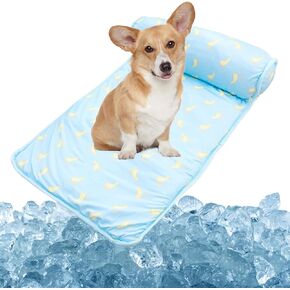 PUMYPOREITY Cooling Dog Bed, Pet Cooling Mat with Pillow, Ice Silk Cooling Dog Blanket, Self Cooling Pad for Cat,Dog, Washable Summer Pet Mat for Kennel, Crates, Sofa, Floor, Green, L in Kuwait