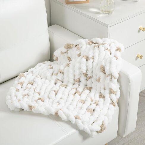 HOMBYS Chunky Chenille Yarn for Hand Knitting,Fluffy Plush Thick Yarn for Arm Knitting,Super Bulky Giant Yarn,Big Soft Speckle Yarn for Crocheting,8 Jumbo Pack,White & Kahki (29 yds,7.5 oz Each Skein) in Saudi Arabia