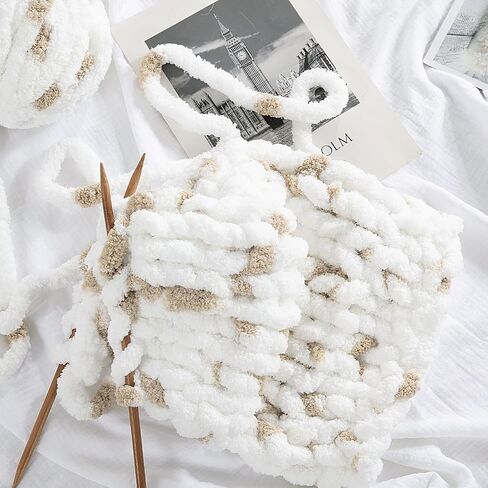 HOMBYS Chunky Chenille Yarn for Hand Knitting,Fluffy Plush Thick Yarn for Arm Knitting,Super Bulky Giant Yarn,Big Soft Speckle Yarn for Crocheting,8 Jumbo Pack,White & Kahki (29 yds,7.5 oz Each Skein) in Saudi Arabia