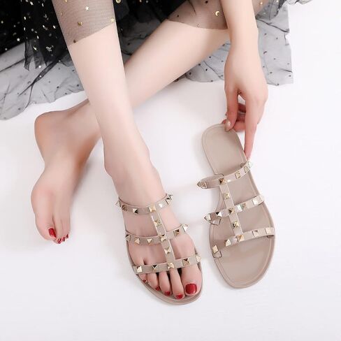 Studded Sandals for Womens Jelly Shoes Flats Stud Slides Slip On Dressy Black Jellies Slippers Summer Beach with Rivets in Saudi Arabia