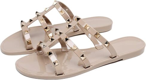 Studded Sandals for Womens Jelly Shoes Flats Stud Slides Slip On Dressy Black Jellies Slippers Summer Beach with Rivets in Saudi Arabia