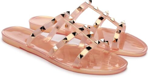 Studded Sandals for Womens Jelly Shoes Flats Stud Slides Slip On Dressy Black Jellies Slippers Summer Beach with Rivets in Saudi Arabia