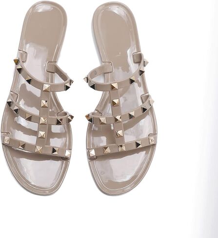 Studded Sandals for Womens Jelly Shoes Flats Stud Slides Slip On Dressy Black Jellies Slippers Summer Beach with Rivets in Saudi Arabia