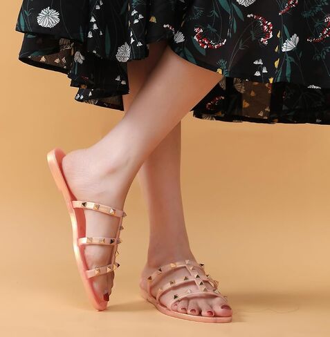 Studded Sandals for Womens Jelly Shoes Flats Stud Slides Slip On Dressy Black Jellies Slippers Summer Beach with Rivets in Saudi Arabia