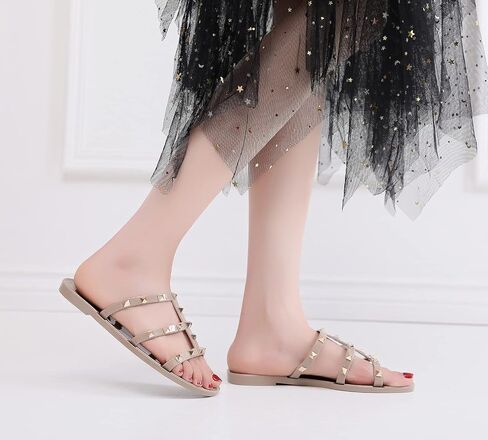 Studded Sandals for Womens Jelly Shoes Flats Stud Slides Slip On Dressy Black Jellies Slippers Summer Beach with Rivets in Saudi Arabia