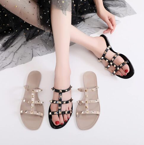 Studded Sandals for Womens Jelly Shoes Flats Stud Slides Slip On Dressy Black Jellies Slippers Summer Beach with Rivets in Saudi Arabia