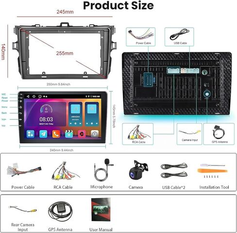 2+64G for Toyota Corolla 2009-2013 Android Car Stereo Radio with Wireless Carplay Android Auto, 9 Inch Touch Screen GPS Navigation Head Unit Support WiFi Bluetooth FM SWC Mirror Link HD Camera in Saudi Arabia