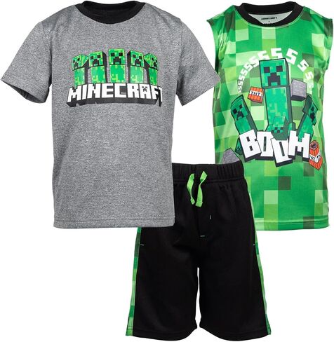 Minecraft Creeper T-Shirt Tank Top and MeshShorts 3 Piece Outfit Set Little Kid to Big Kid in Saudi Arabia