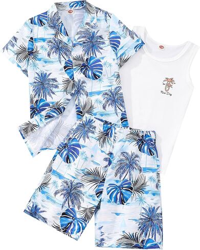 Kidmian Liitle Boys 3-pieces Summer Hawaiian Button Down Shirts and Short Sets with Sleeveless Vest Clothing Outfits Sets in Saudi Arabia