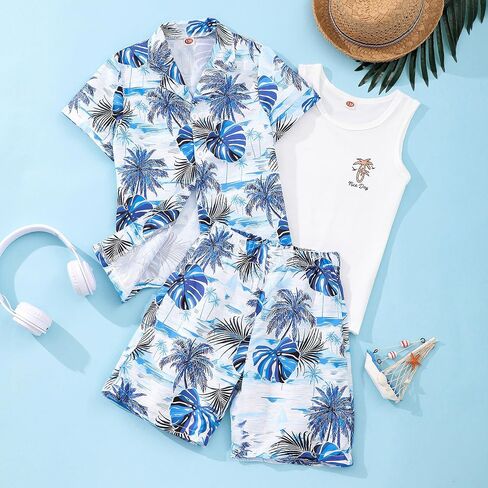 Kidmian Liitle Boys 3-pieces Summer Hawaiian Button Down Shirts and Short Sets with Sleeveless Vest Clothing Outfits Sets in Saudi Arabia