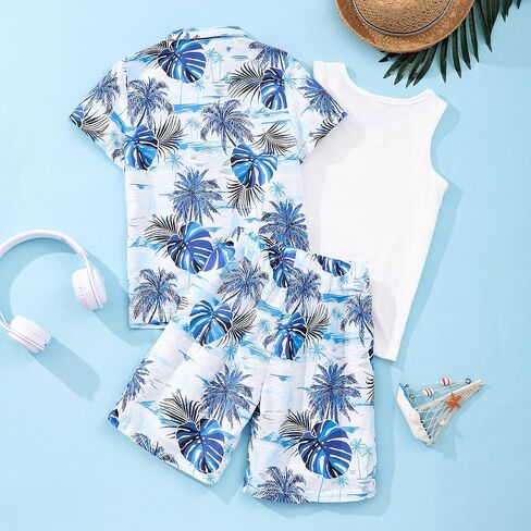 Kidmian Liitle Boys 3-pieces Summer Hawaiian Button Down Shirts and Short Sets with Sleeveless Vest Clothing Outfits Sets in Saudi Arabia