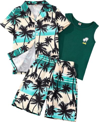 Kidmian Liitle Boys 3-pieces Summer Hawaiian Button Down Shirts and Short Sets with Sleeveless Vest Clothing Outfits Sets in Saudi Arabia