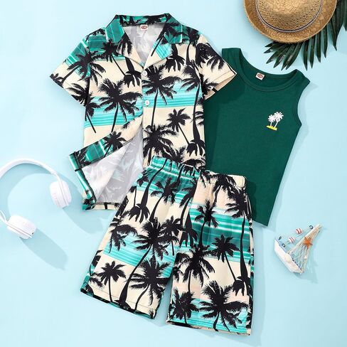 Kidmian Liitle Boys 3-pieces Summer Hawaiian Button Down Shirts and Short Sets with Sleeveless Vest Clothing Outfits Sets in Saudi Arabia