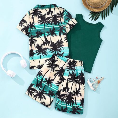 Kidmian Liitle Boys 3-pieces Summer Hawaiian Button Down Shirts and Short Sets with Sleeveless Vest Clothing Outfits Sets in Saudi Arabia