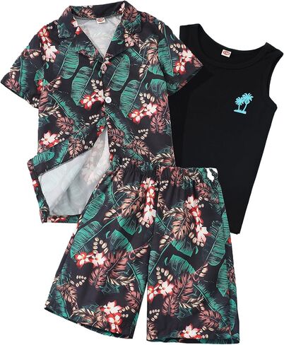 Kidmian Liitle Boys 3-pieces Summer Hawaiian Button Down Shirts and Short Sets with Sleeveless Vest Clothing Outfits Sets in Saudi Arabia