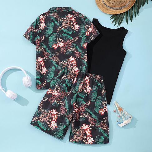 Kidmian Liitle Boys 3-pieces Summer Hawaiian Button Down Shirts and Short Sets with Sleeveless Vest Clothing Outfits Sets in Saudi Arabia