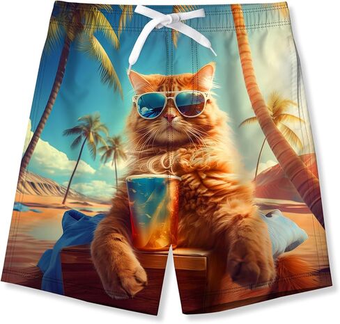 uideazone Kids Swimsuits Cat Graphic Boys Swim Trunks Summer Quick Dry Bathing Suit Board Short for Beach Swimming Surfing Swimsuit with Pockets in Kuwait