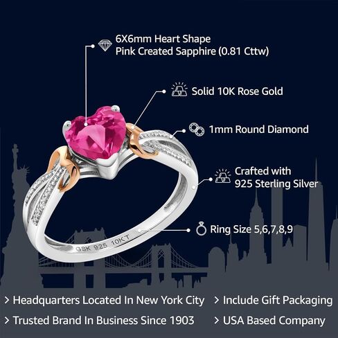 Gem Stone King 925 Sterling Silver and 10K Rose Gold Pink Created Sapphire and Diamond Ring For Women (0.81 Cttw, Heart Shape 6MM, Available in size 5, 6, 7, 8, 9) in Saudi Arabia