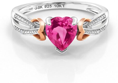 Gem Stone King 925 Sterling Silver and 10K Rose Gold Pink Created Sapphire and Diamond Ring For Women (0.81 Cttw, Heart Shape 6MM, Available in size 5, 6, 7, 8, 9) in Saudi Arabia