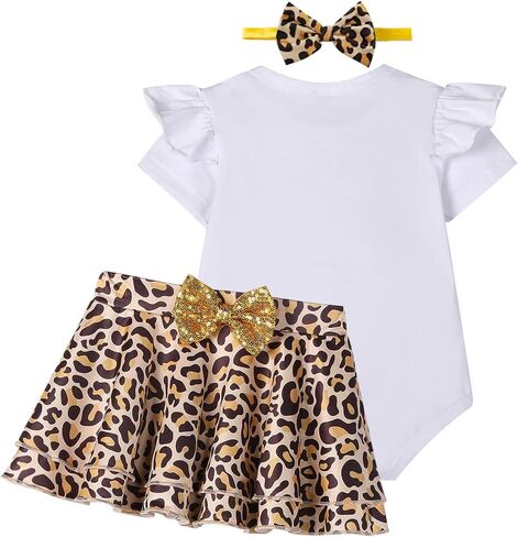 ملابس عيد الميلاد الثاني للفتيات الصغيرات الرضع بأكمام مكشكشة وتنورة زهرية بطبعة الفهد مع عصابة رأس in Kuwait