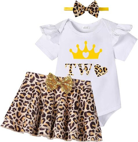 ملابس عيد الميلاد الثاني للفتيات الصغيرات الرضع بأكمام مكشكشة وتنورة زهرية بطبعة الفهد مع عصابة رأس in Kuwait