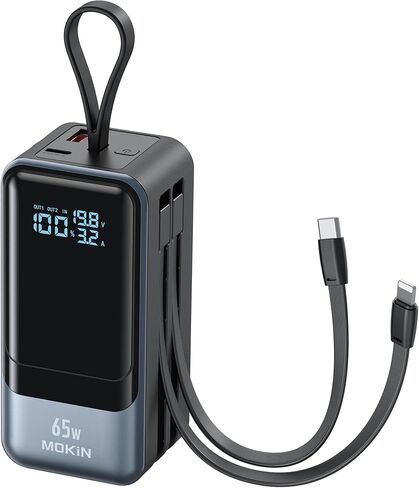 بنك طاقة MOKiN بقدرة 65 وات، كابلات USB C وiOS مدمجة، حزمة بطارية محمولة 4 مخارج PD3.0 للشحن السريع مع شاشة رقمية ذكية، شاحن USB C لأجهزة MacBook Pro/Air، iPhone 15/14/13 Series، iPad، Samsung in Kuwait