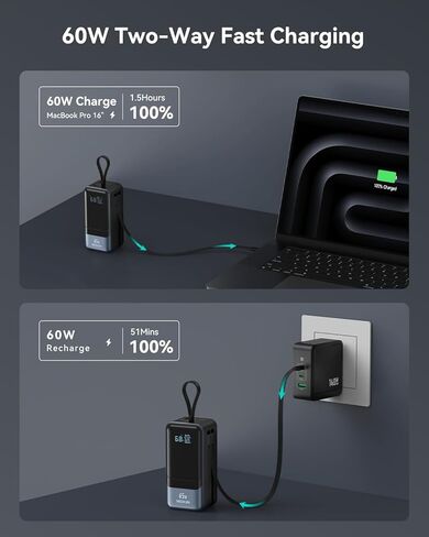 بنك طاقة MOKiN بقدرة 65 وات، كابلات USB C وiOS مدمجة، حزمة بطارية محمولة 4 مخارج PD3.0 للشحن السريع مع شاشة رقمية ذكية، شاحن USB C لأجهزة MacBook Pro/Air، iPhone 15/14/13 Series، iPad، Samsung in Kuwait