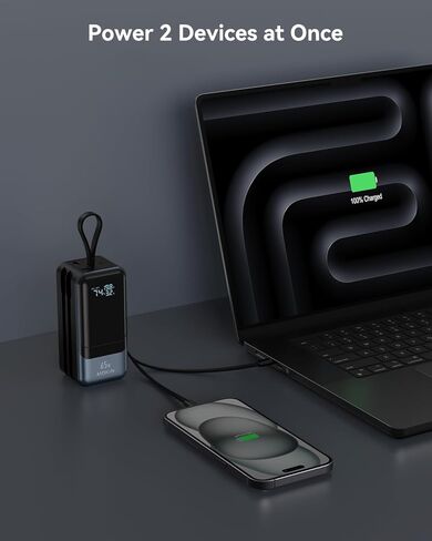 بنك طاقة MOKiN بقدرة 65 وات، كابلات USB C وiOS مدمجة، حزمة بطارية محمولة 4 مخارج PD3.0 للشحن السريع مع شاشة رقمية ذكية، شاحن USB C لأجهزة MacBook Pro/Air، iPhone 15/14/13 Series، iPad، Samsung in Kuwait
