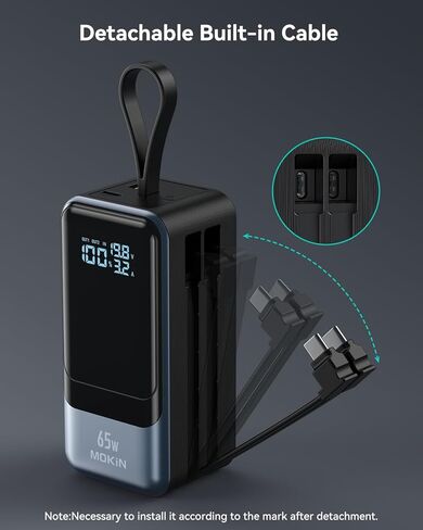 بنك طاقة MOKiN بقدرة 65 وات، كابلات USB C وiOS مدمجة، حزمة بطارية محمولة 4 مخارج PD3.0 للشحن السريع مع شاشة رقمية ذكية، شاحن USB C لأجهزة MacBook Pro/Air، iPhone 15/14/13 Series، iPad، Samsung in Kuwait