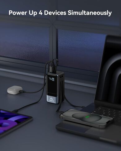 بنك طاقة MOKiN بقدرة 65 وات، كابلات USB C وiOS مدمجة، حزمة بطارية محمولة 4 مخارج PD3.0 للشحن السريع مع شاشة رقمية ذكية، شاحن USB C لأجهزة MacBook Pro/Air، iPhone 15/14/13 Series، iPad، Samsung in Kuwait