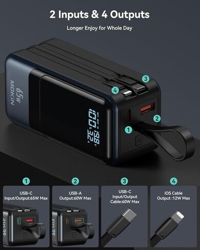بنك طاقة MOKiN بقدرة 65 وات، كابلات USB C وiOS مدمجة، حزمة بطارية محمولة 4 مخارج PD3.0 للشحن السريع مع شاشة رقمية ذكية، شاحن USB C لأجهزة MacBook Pro/Air، iPhone 15/14/13 Series، iPad، Samsung in Kuwait