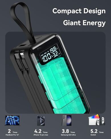 بنك طاقة MOKiN بقدرة 65 وات، كابلات USB C وiOS مدمجة، حزمة بطارية محمولة 4 مخارج PD3.0 للشحن السريع مع شاشة رقمية ذكية، شاحن USB C لأجهزة MacBook Pro/Air، iPhone 15/14/13 Series، iPad، Samsung in Kuwait
