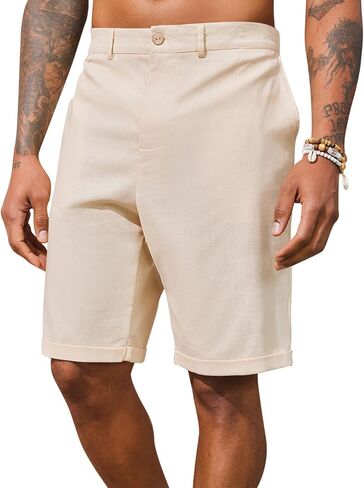 PASLTER شورت رجالي من الكتان مسطح من الأمام، كاجوال بخصر مطاطي، خفيف الوزن، مناسب للصيف، شورت للشاطئ in Kuwait