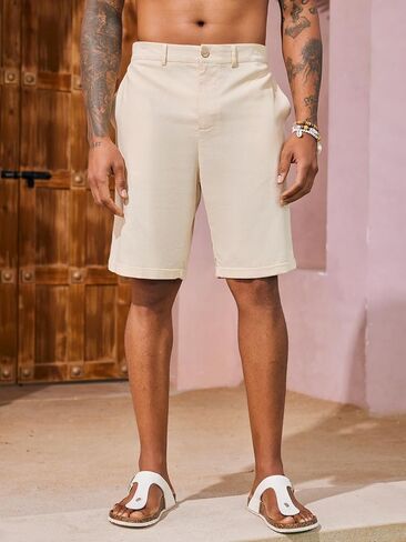 PASLTER شورت رجالي من الكتان مسطح من الأمام، كاجوال بخصر مطاطي، خفيف الوزن، مناسب للصيف، شورت للشاطئ in Kuwait