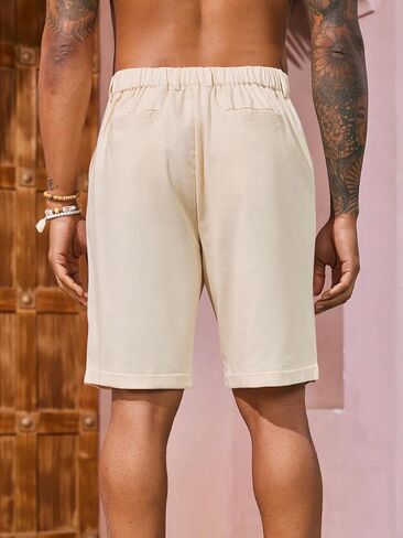 PASLTER شورت رجالي من الكتان مسطح من الأمام، كاجوال بخصر مطاطي، خفيف الوزن، مناسب للصيف، شورت للشاطئ in Kuwait