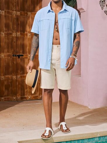 PASLTER شورت رجالي من الكتان مسطح من الأمام، كاجوال بخصر مطاطي، خفيف الوزن، مناسب للصيف، شورت للشاطئ in Kuwait