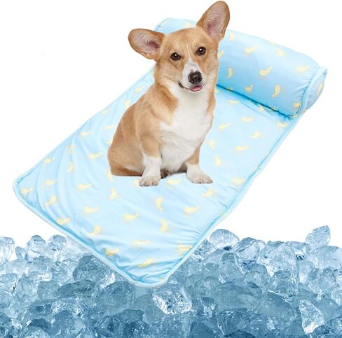 PUMYPOREITY Cooling Dog Bed, Pet Cooling Mat with Pillow, Ice Silk Cooling Dog Blanket, Self Cooling Pad for Cat,Dog, Washable Summer Pet Mat for Kennel, Crates, Sofa, Floor, Green, L in Kuwait