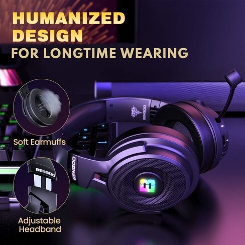 سماعة ألعاب لاسلكية BENGOO لجهاز PS5 PS4 PC Mac، سماعات رأس USB فوق الأذن مع ميكروفون عازل للضوضاء، صوت 7.1، وقت تشغيل 30 ساعة، سلكية 3.5 ملم لمفتاح تحكم Xbox in Kuwait