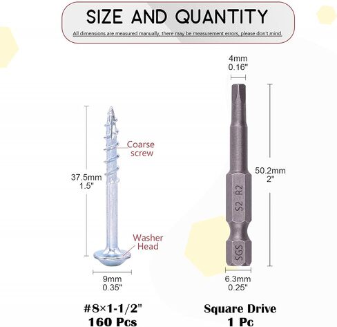 Hilitchi #8 Alloy Steel Zinc Pocket Hole Screws Weather Resistant Square Drive Screws with Square Drive (1 1/2 Inch Coarse Thread-160PCS) in Saudi Arabia