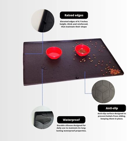 سجادات طعام الكلاب للأرضيات مقاومة للماء - مقاس 34 × 22 × 0.7 بوصة - حواف مرتفعة تحتوي على انسكابات - حصيرة سيليكون لأوعية الكلاب غير قابلة للانزلاق. سجادة تغذية الكلاب المثالية وحصيرة القطط لتصميم الطعام والماء الصديق للحيوانات الأليفة. in Kuwait