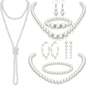 8 PCS Pearl Jewelry Set Set 1920s Assume Assume for Women Long Pearl Necklace Hoop أقراط سوار العام الجديد هدية مجوهرات وصيفات الشرف in Kuwait