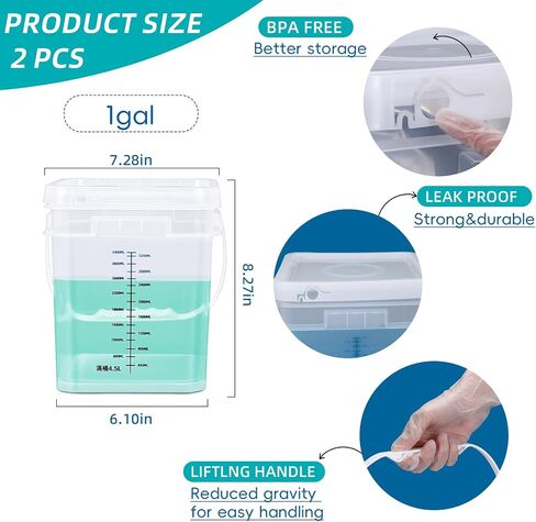 ASEVAT 1Gal 2Pack Clear Bucket Graduated Pail Container with Lid, Square Food Grade Buckets, Cleaning Containers Plastic Pails Extra Durable Handles with Grip for Easy Carrying in Saudi Arabia