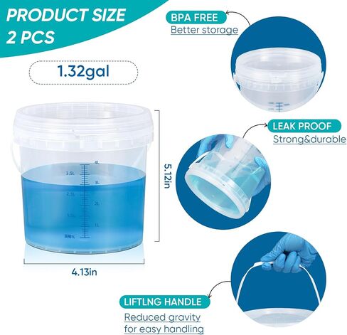 ASEVAT 1Gal 2Pack Clear Bucket Graduated Pail Container with Lid, Square Food Grade Buckets, Cleaning Containers Plastic Pails Extra Durable Handles with Grip for Easy Carrying in Saudi Arabia
